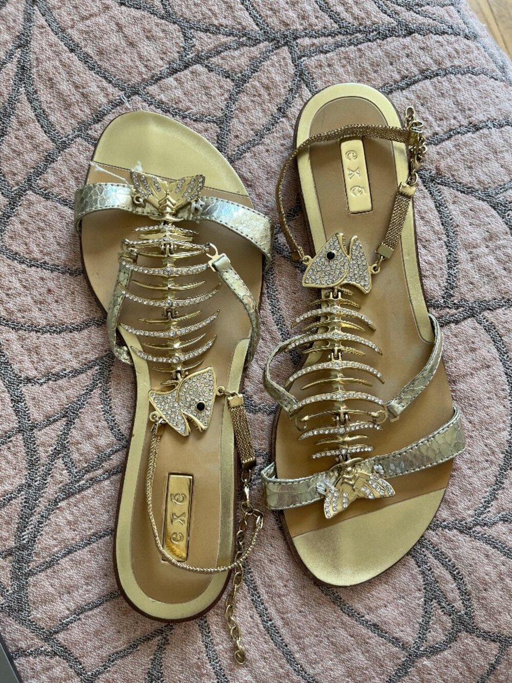 Gold Fishbone Sandals | Crystal Embellished | Euro Summer Statement